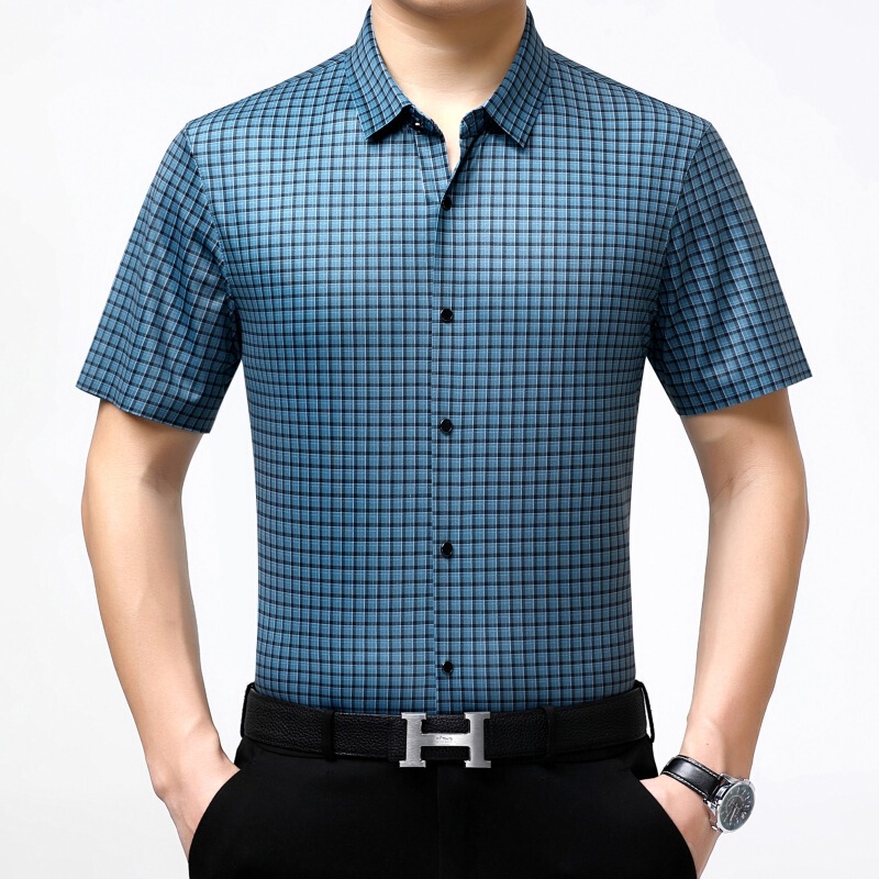 2025 Ice Silk Short-Sleeved Shirt for Middle-Aged Men Business Casual Fashion 100% Mulberry Silk Plaid Shirt Summer
