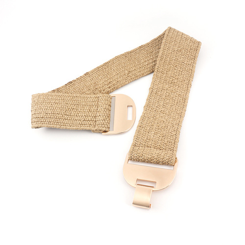 Summer new pp straw girdle women's elastic woven elastic belt personalized glossy geometric buckle head versatile accessories
