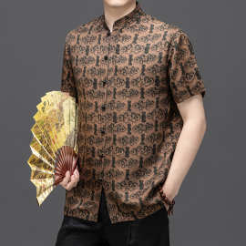 桐乡丝绸100桑蚕丝花萝香云纱唐装短袖男士2025夏季真丝高档衬衣