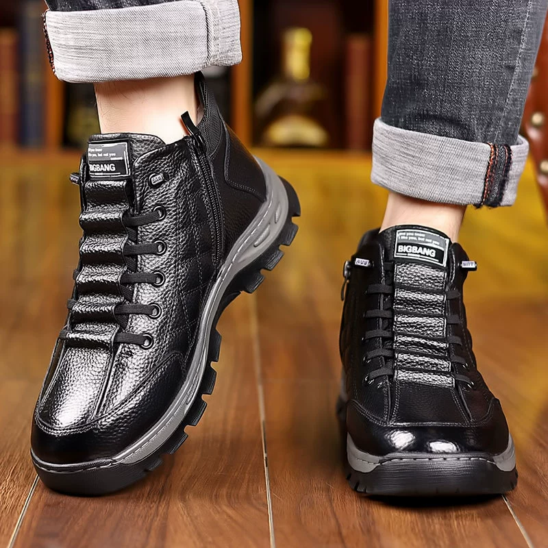 High boots, genuine leather, wool‑lined warm interior, rugged sole, sizes 38–44