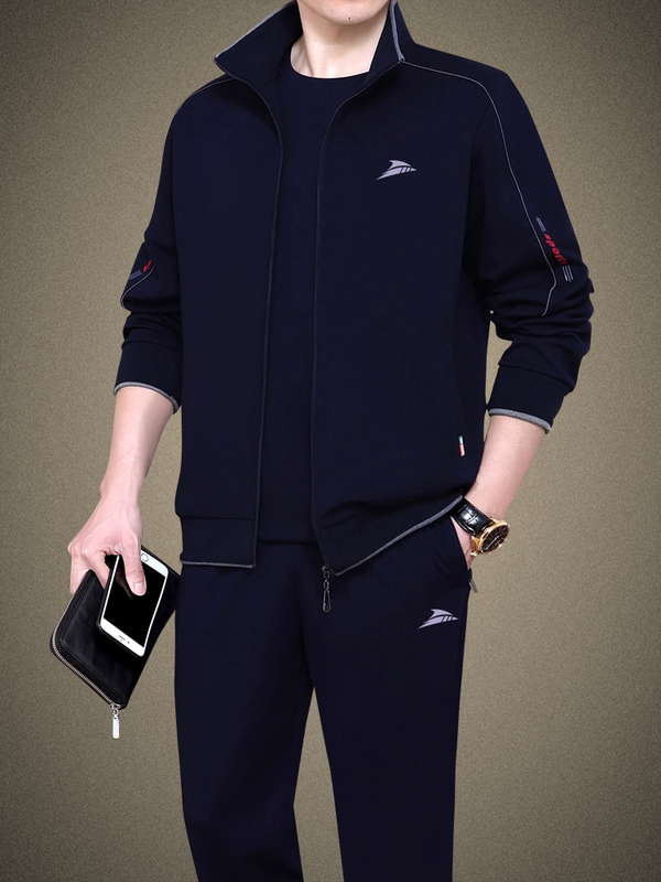 Men's spring and autumn sportswear set, long-sleeved sweatshirt, loose fit, plus size, casual athletic wear for middle-aged men, suitable for morning runs
