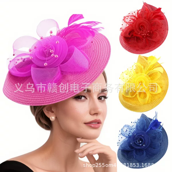 Cross-Border Amazon Mesh Flower Headdress Bridal Straw Feather Hair Accessories Horse Racing Festival Tea Party Prom Hat