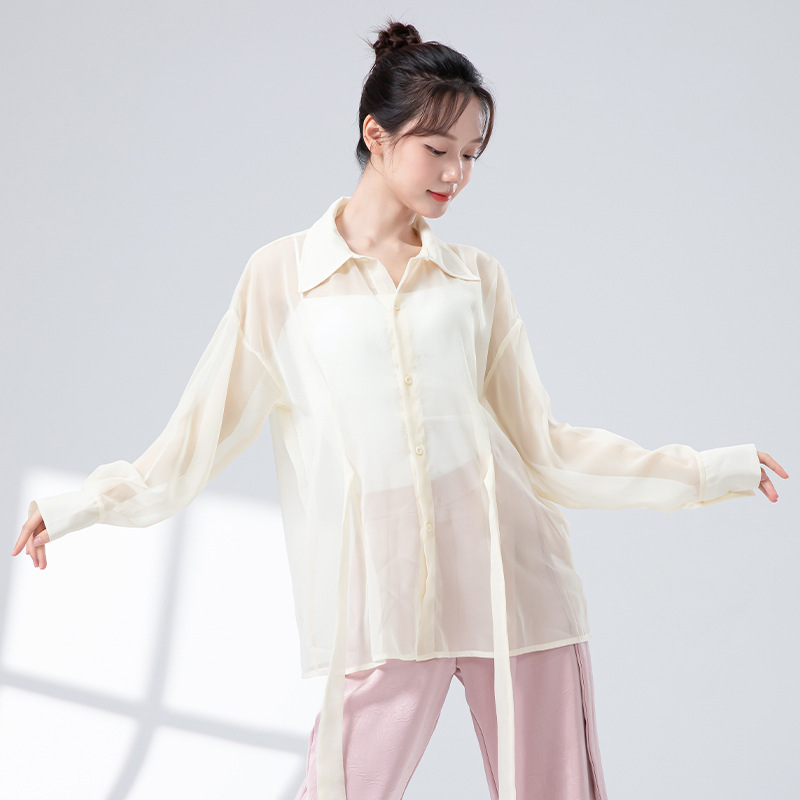 女性用モダンダンス練習服、女性用新作レースアップ日焼け止めシャツ、軽くて薄いカーディガン、エレガントで妖精のようなダンストップ|undefined