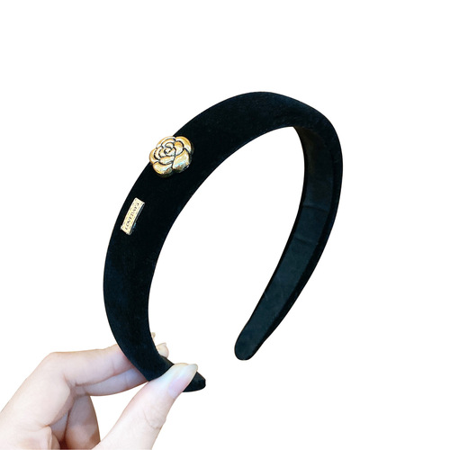 Retro French velvet black camellia high skull headband women's autumn and winter temperament headband headband