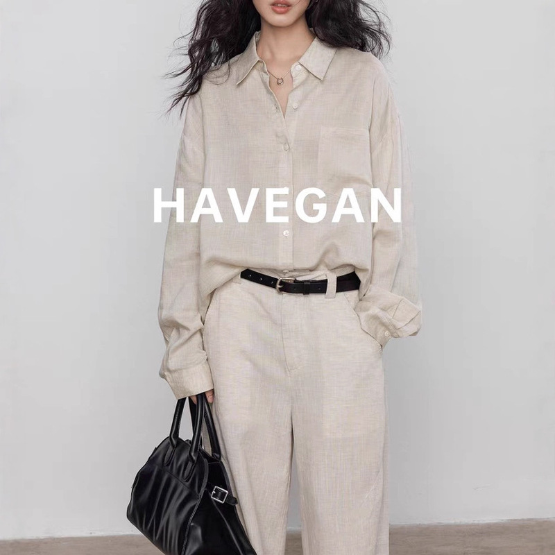Havegan/Tencel Linen Long-Sleeve Shirt for Women, Old Money Style, Casual, Lazy, Retro, Workwear Top