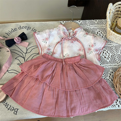 中式童裝2024新款夏季女童旗袍套裝兒童國風碎花漢服短裙兩件套潮