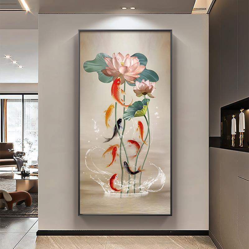 蓮と魚の絵スプレー油絵玄関装飾絵画垂直バージョン新中国風のリビングルームライト高級ハイエンド吊り絵画|undefined