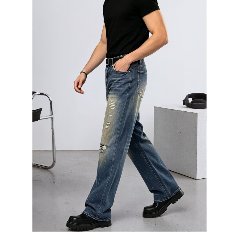 2026 Cross-Border Temu Specializes in European and American Oversized Men's Jeans, Trendy High Street American Style, Ripped and Distressed Casual Jeans
