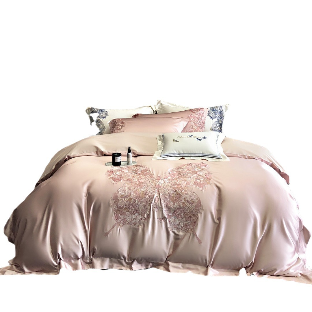 Modern Light Luxury Butterfly Embroidered Bedding Super Soft Bedding High-grade Australian Cotton Cotton Long-staple Cotton Four-piece Blue Feather