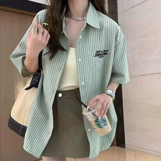 夏季日系条纹衬衫短袖宽松小个子港味复古港风上衣女夏天薄款衬衣