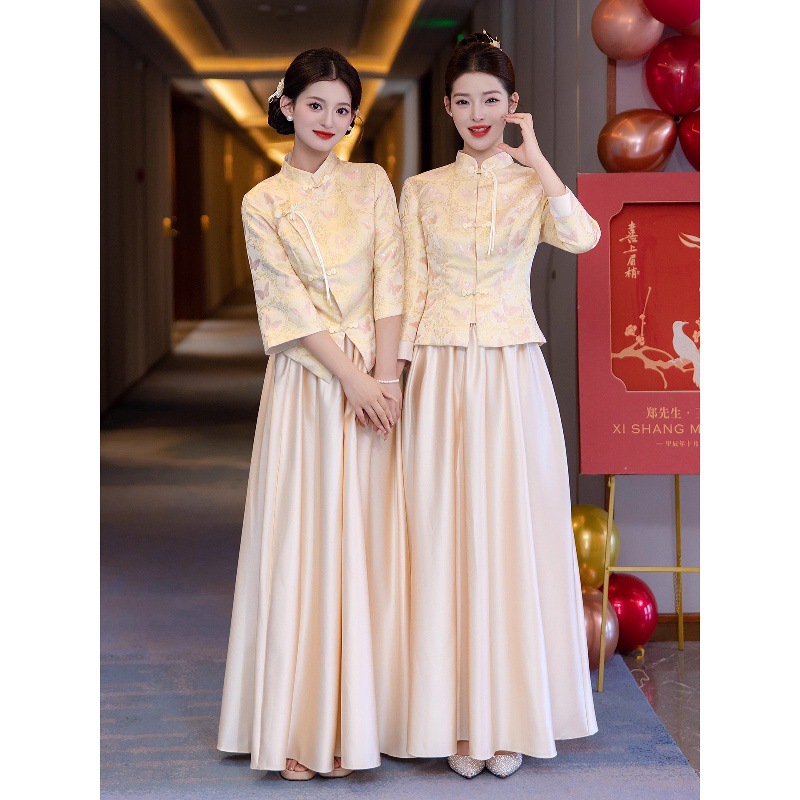 New Chinese-Style Satin Bridesmaid Dresses 2026 New Model Long-Sleeve Winter Sister Group Gowns Suitable for Everyday Wear Niche Style