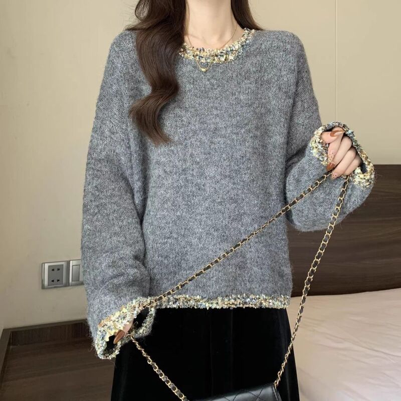风灰色亮片毛衣女秋冬款亮闪闪针织衫法式轻奢上衣外套打底衫|undefined