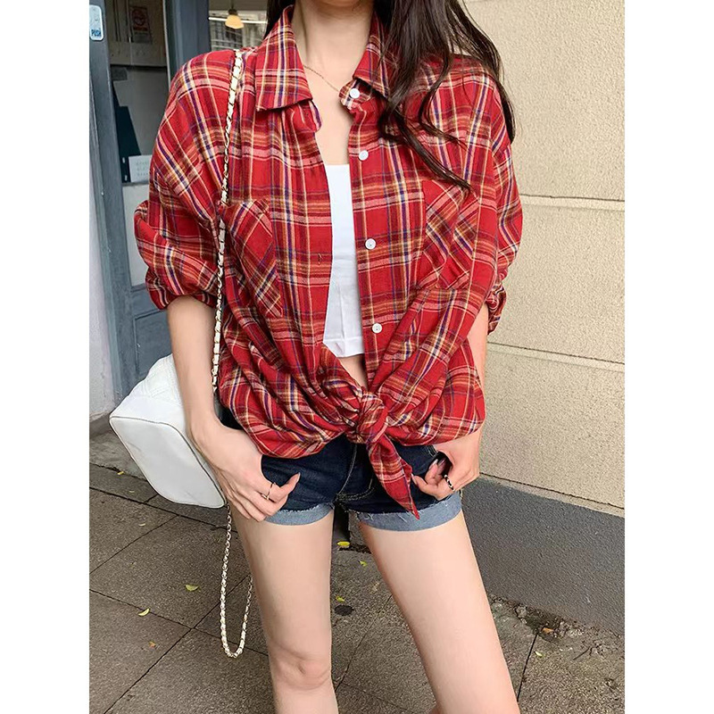 红格纹长袖衬衣女宽松外穿衬衫复古春秋百搭休闲港风上衣|undefined