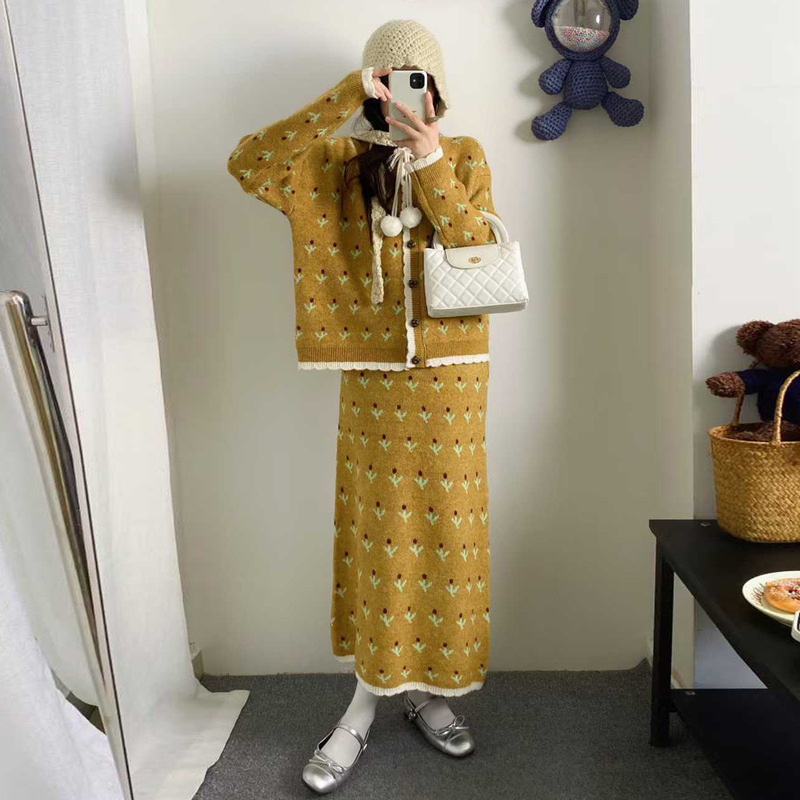 法式碎花复古风花边套装女秋冬新款系带毛衣外套半身裙针织两件套|undefined