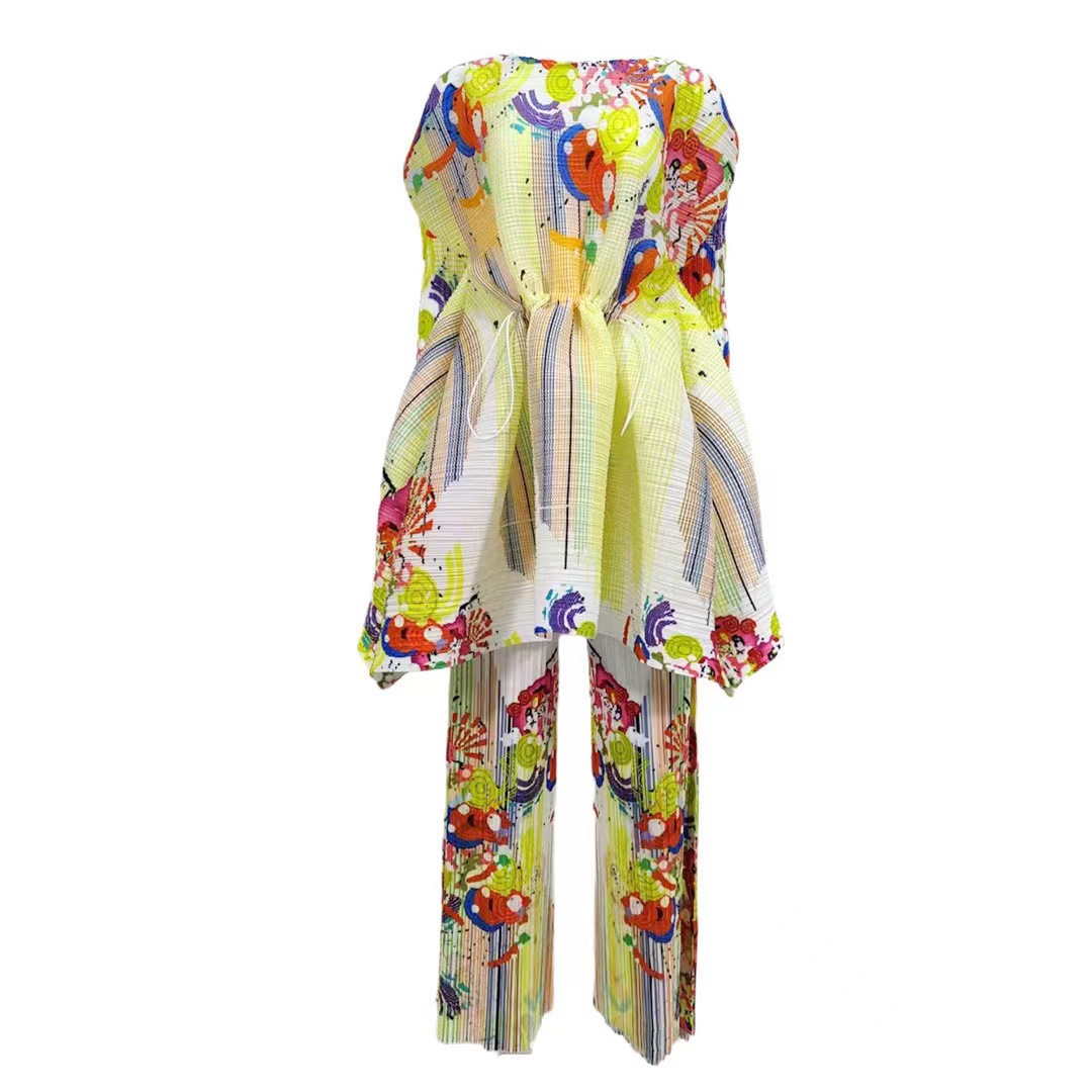 Women's Clothing fashion print pleated drawstring top trousers _voghion.com