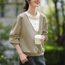 简约休闲撞色假两件圆领卫衣女2025年春季新款设计感独特别致上衣