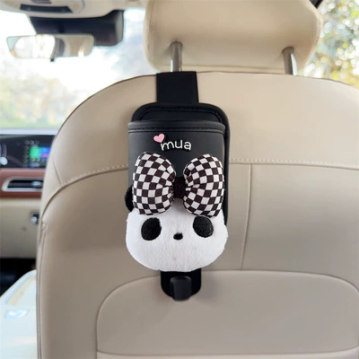 Car cup holder/beverage holder, back storage rack, multifunctional car - black-leather-cup-holder-with-hook-with-bow-and-panda-head-design