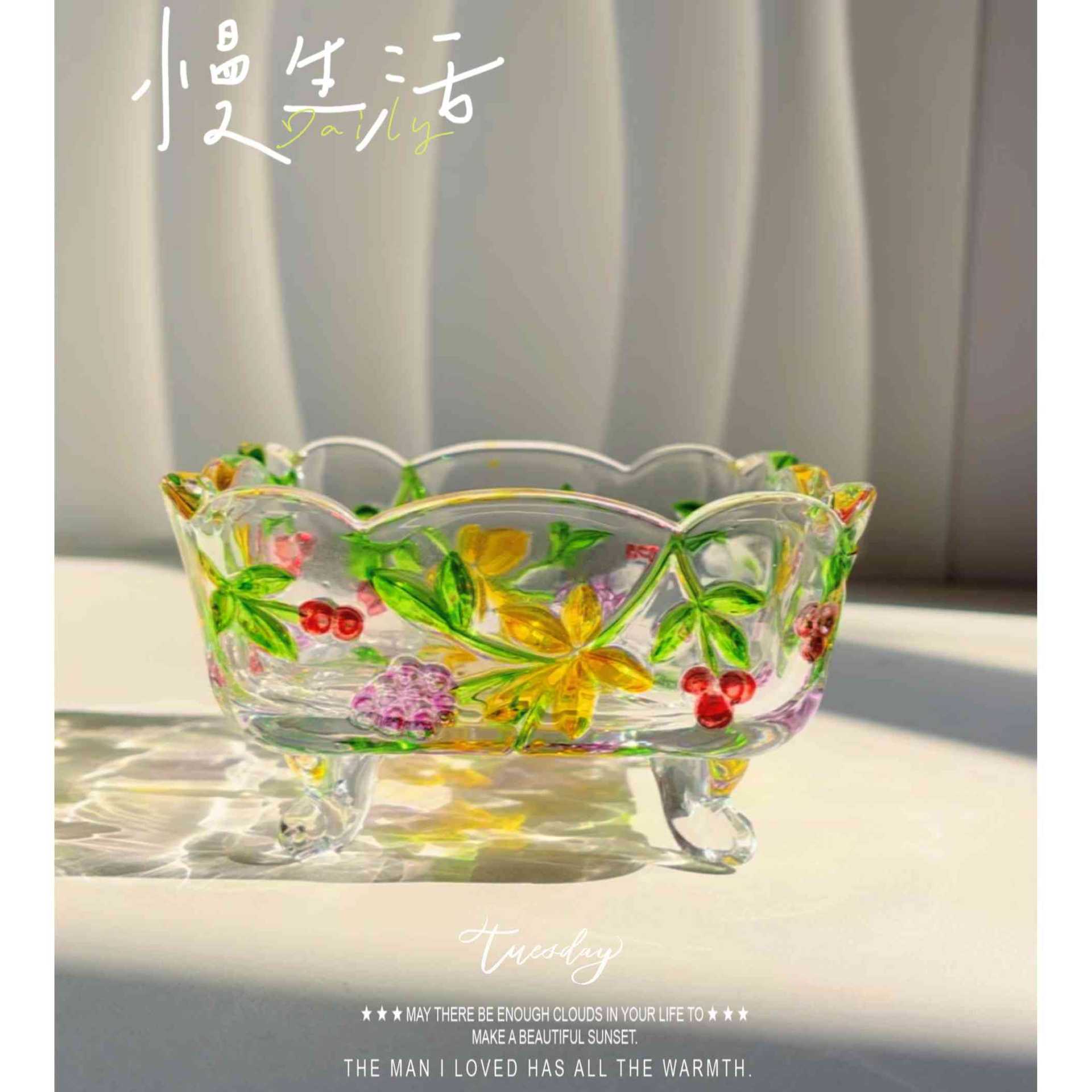 손으로 그린 컬러 조각 포도 사각형 빈티지 설탕 항아리 재떨이 양각 저장 항아리 보석 상자 유리 비누 상자
