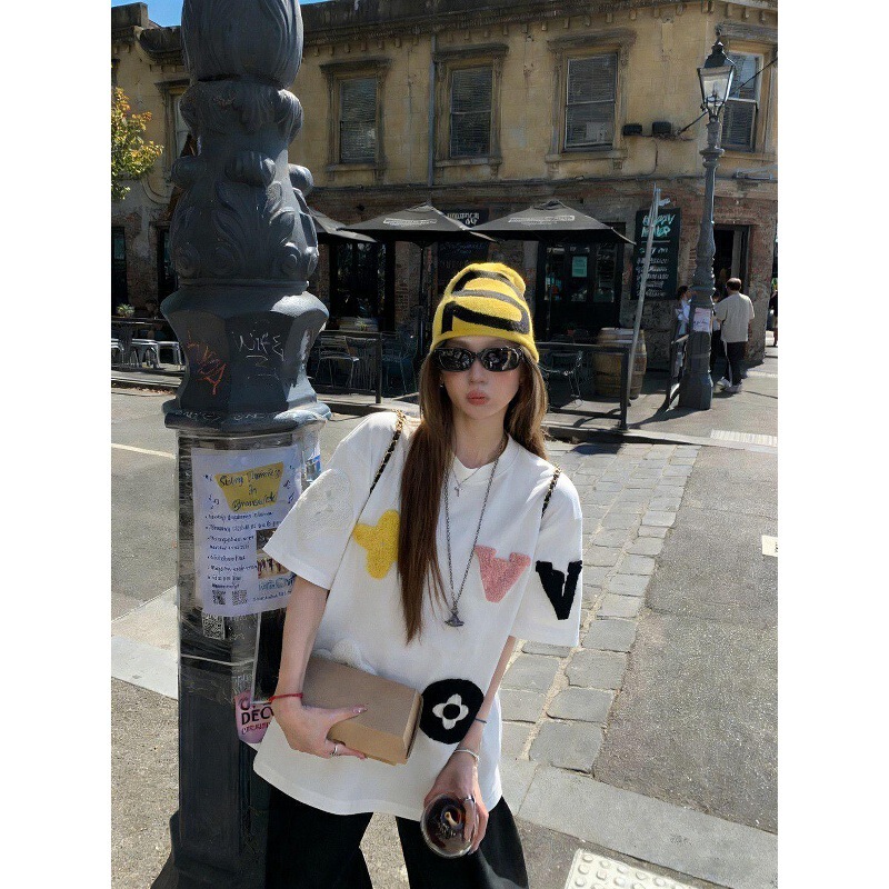 [19 Pieces of 220g Towel Embroidery] American High Street Style New Summer Loose-Fitting Women's Short-Sleeve Trendy T-Shirt