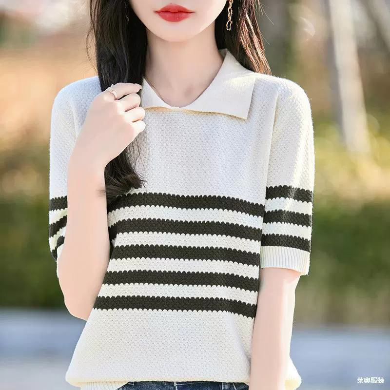 Весенний и летний новый трикотаж из хлопчатобумажной нити женский POLO воротник с короткими рукавами в полоску футболка модная цветная рубашка