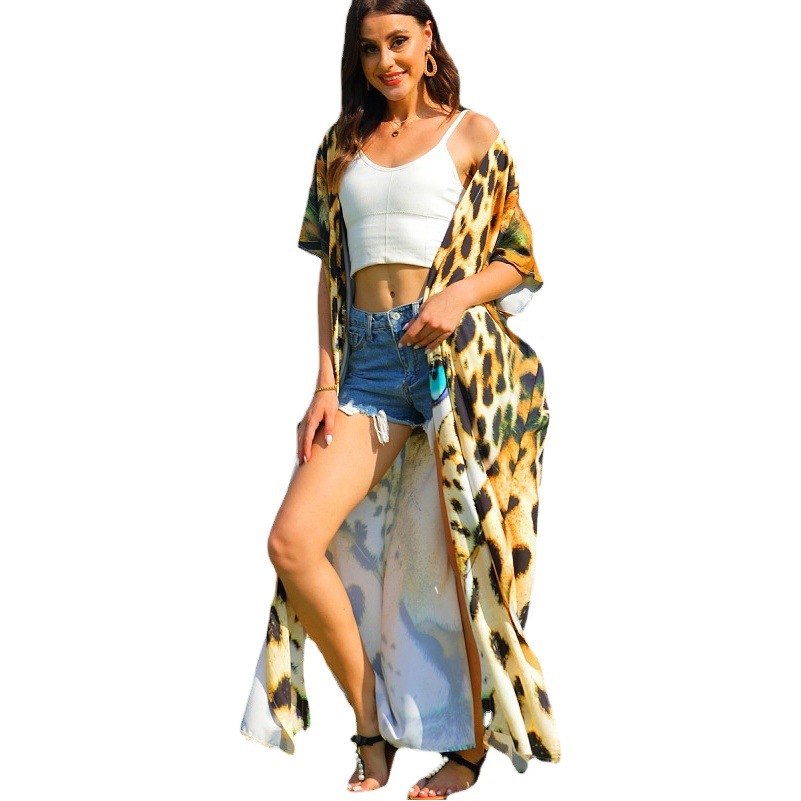 Playa blusa Tigre patrón posicionamiento impresión vacaciones cardigan bikini camisa de protección solar traje baño desgaste exterior 5D76