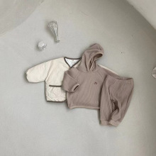 INS款春秋婴幼儿华夫格刺绣彩虹连帽卫衣长裤套装男女宝宝两件套