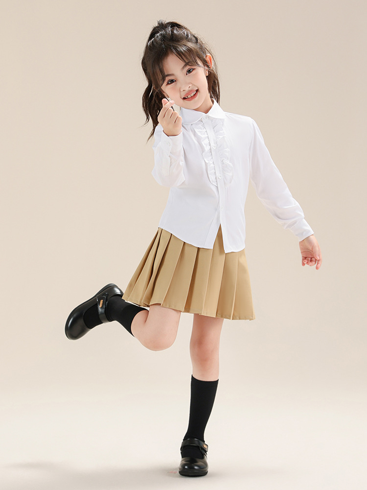 Falda plisada para niñas, traje de 2 piezas, camisa blanca con ramillete para niños, camisa de estilo universitario para niñas, traje de primavera y otoño