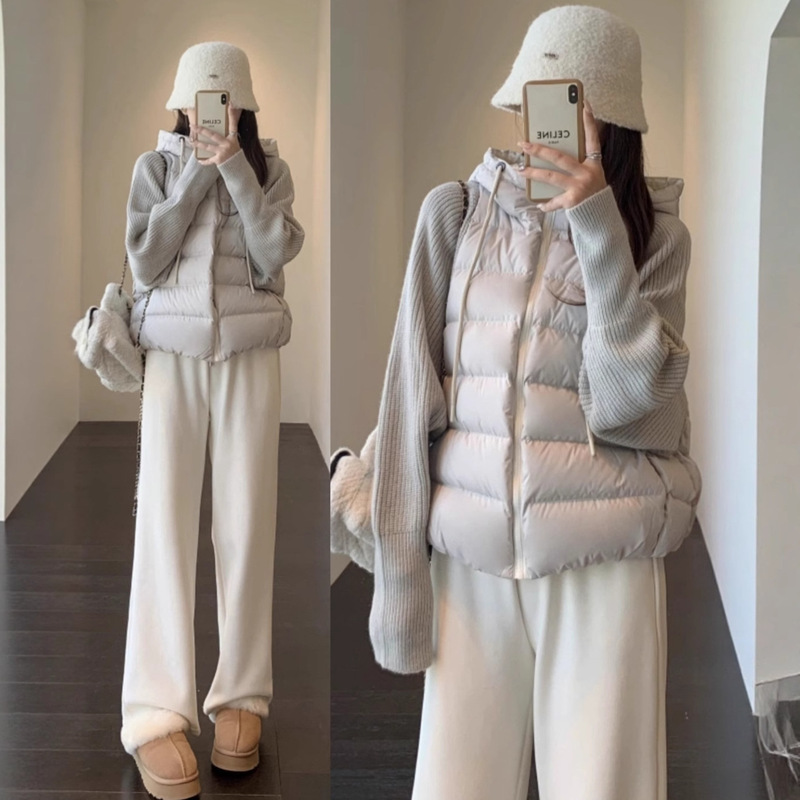 Knitted Sweater Sleeves Spliced down Cotton Jacket for Women 2025 Winter New Style Small Cotton Jacket Trendy A8670