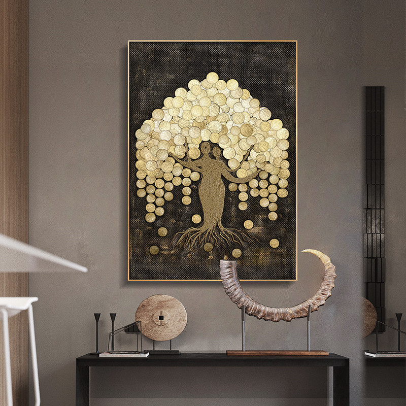 新中式金箔纹理抽象金色金钱树客厅玄关装饰画图片画芯