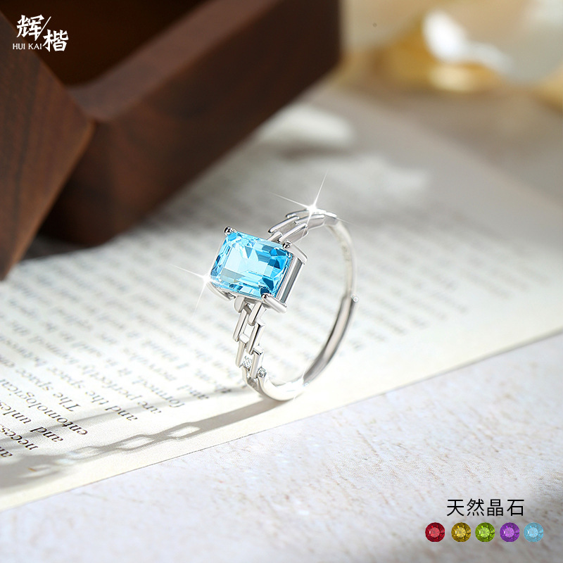 Factory Wholesale Popular Natural Topaz Ring S925 Silver Inlaid Main Stone 6*8 Hot Selling European and American Crystal Hand Jewelry
