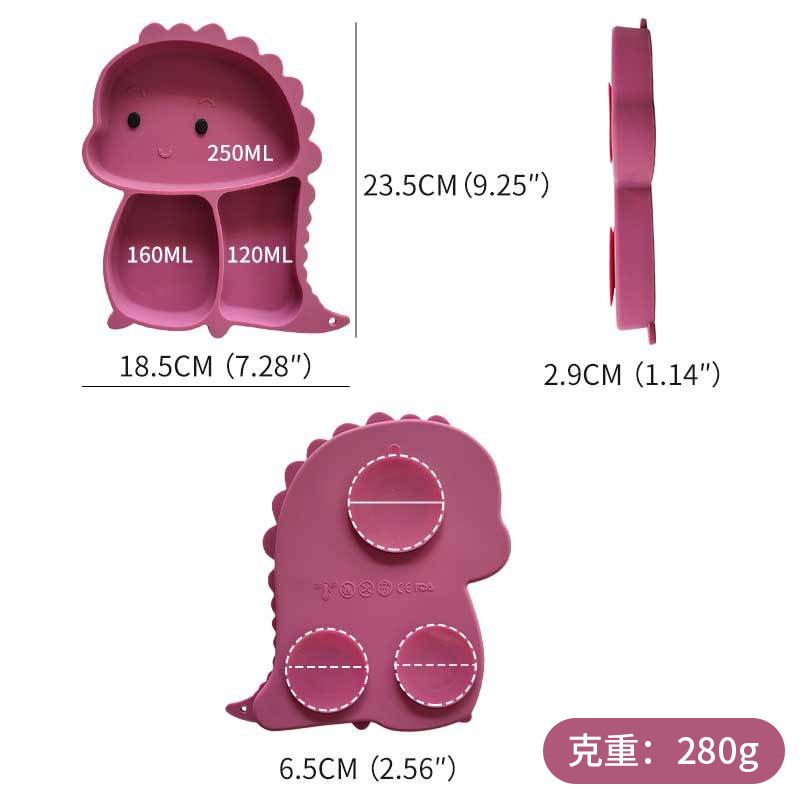 Plato de silicona para niños de dinosaurios transfronterizos taza de succión conjunto de tazón integrado bebé vajilla de silicona Placa de compartimiento de dibujos animados