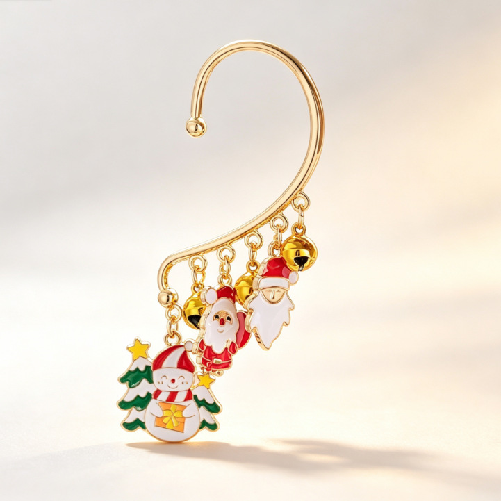 European and American fashion Christmas earrings, no-piercing design, creating a festive atmosphere with cartoon Santa Claus and Christmas tree motifs, bell-shaped ear cuffs