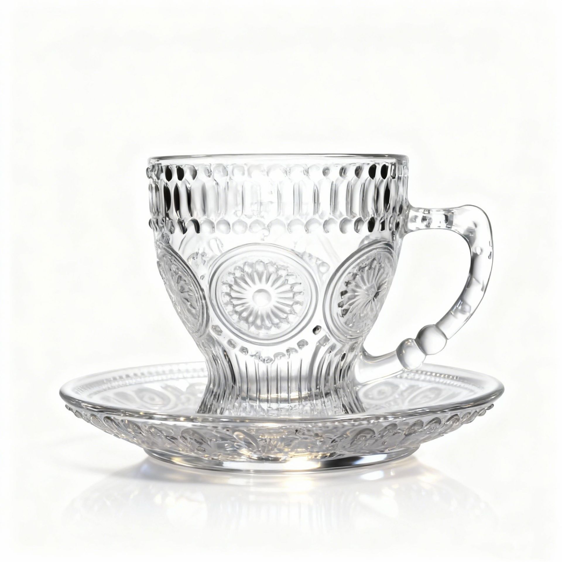 Spot al por mayor estilo europeo simple taza de café plato conjunto de taza de vidrio tallado resistente al calor taza de café espresso casera