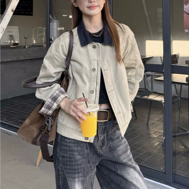 American retro washed patchwork work jacket, new autumn and winter style, high street casual top with lapel.