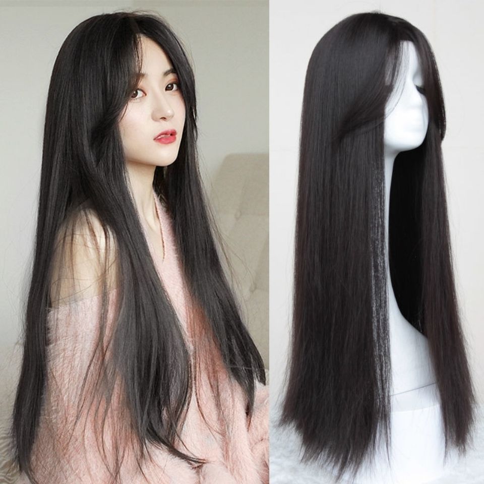 Wig Women's Long Straight Mid-length Hair Cyber Celebrity Eight-character Bangs Fashion Fluffy Natural Wig Set Women's Head Realistic