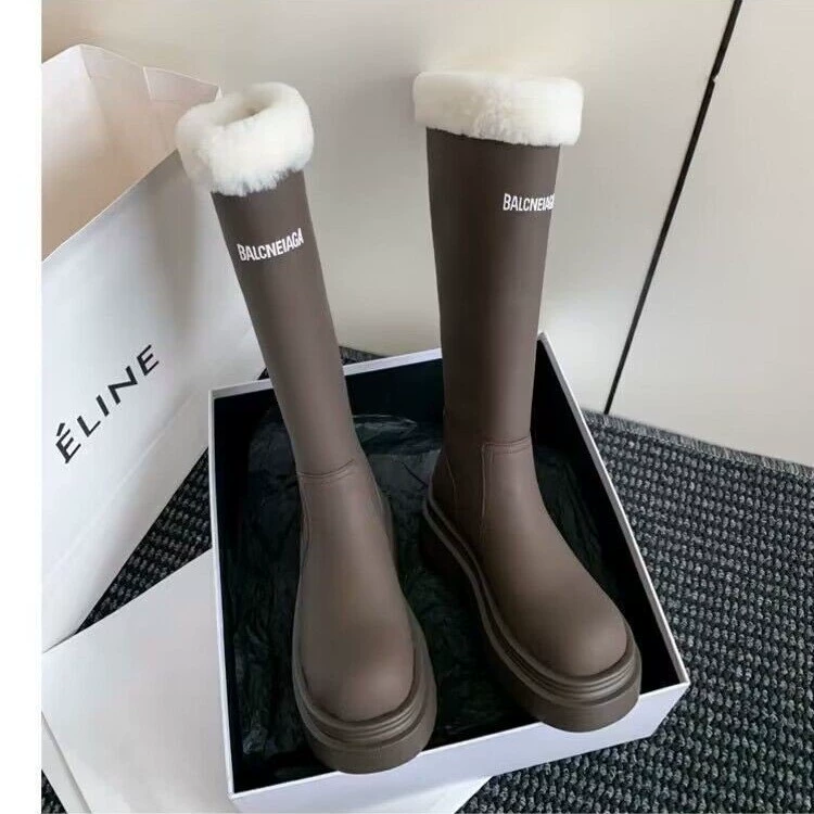 2023 пушистые сапоги для похудения Hachi Letter Женские теплые резиновые сапоги на толстой подошве, увеличивающие рост, высокие рыцарские сапоги на толстом каблуке, снег