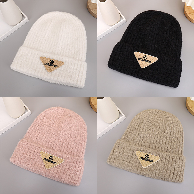 Triangle Cloth Label Autumn and Winter New Wool Hat Women's Korean Style Fashion Pullover Big Head Wai Knitted Hat Pregnant Women's Moon Hat
