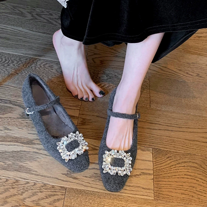 Шерстяная версия ~ маленькие туфли Мэри Джейн с ромбовидной пряжкой и квадратным носком, однолинейные шерстяные туфли на толстом каблуке для женщин, весенние туфли из натуральной кожи на маленьком каблуке, туфли с круглым носком