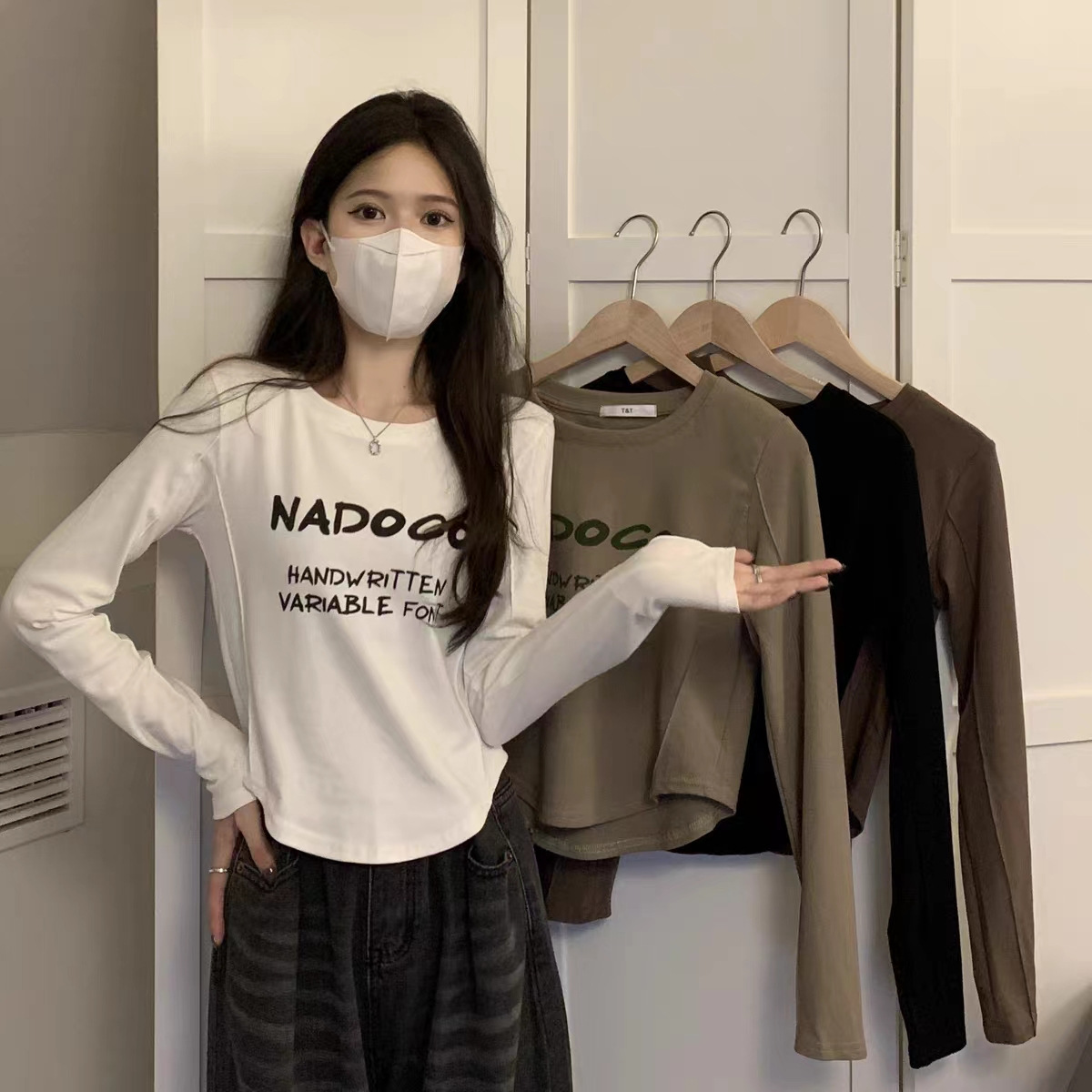 Letter Print Long-Sleeve T-Shirt for Women, Autumn and Winter, Short Style, German Velvet Base Layer, Inner Layer with Curved Hem