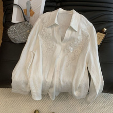 重工亮片设计长袖衬衫上衣2025民族风气质新款休闲宽松防晒衬衣女