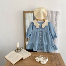 2025秋季韩版婴幼儿女宝宝蓝色毛织领牛仔裙开衫长袖洋气连衣裙
