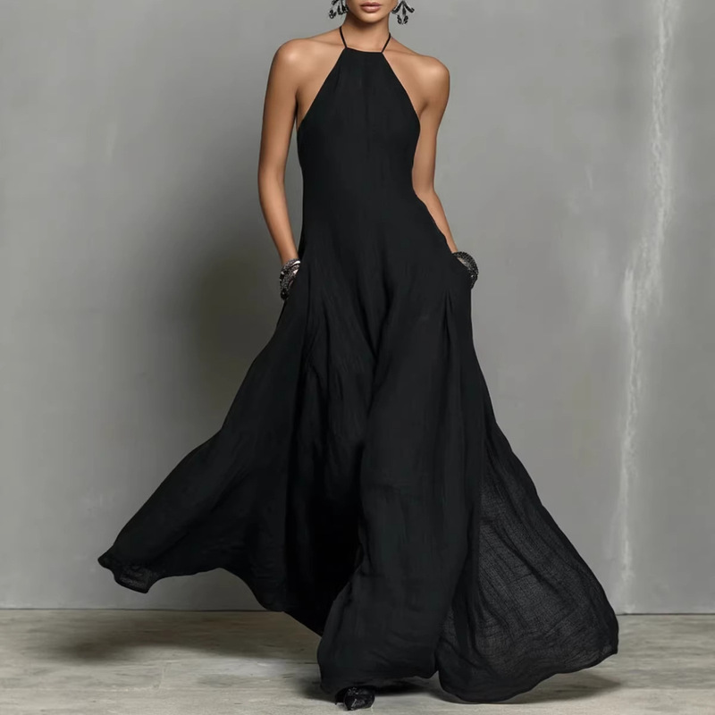 2026 European and American Cross-Border Amazon Independent Site Western Casual Cotton-Linen Style Vacation Halter Neck Pocket Backless Dress 2026 European and American Cross-Border Amazon Independent Site Western Casual Cotton-Linen Style Vacation Halter Neck Pocket Backless Dress