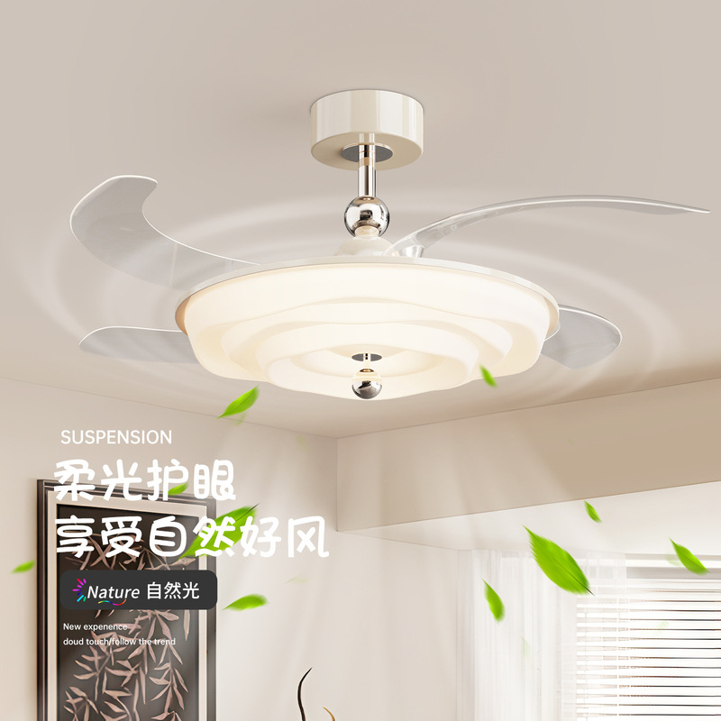 隐形风扇灯吸顶灯中古花朵卧室法式奶油风餐厅智能静音电扇一体灯|undefined