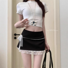 女性用リボンレーススプライシングスカート、夏の露出防止ホットガールヒップカバーショートスカート、グレーハイウエストAラインスカート