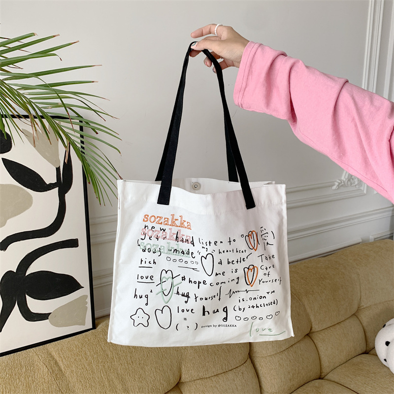 36273 Japanese and Korean canvas bag for women, versatile large-capacity embroidered and printed hand-held shoulder bag, student class bag Application Scenario