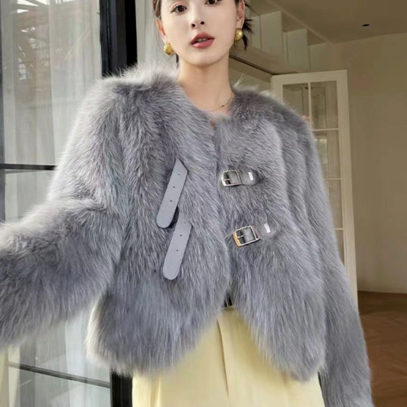 Women's Clothing plush top windbreaker short double breasted leather buckle high end slim environmentally friendly wool warm fur coat_voghion.com