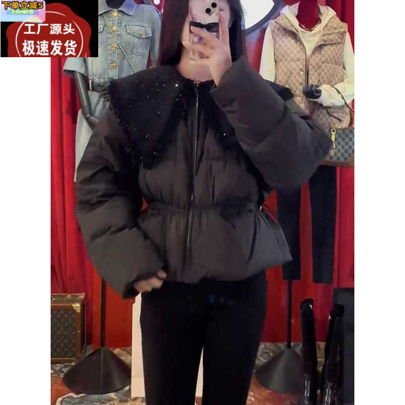 인형 큰 랩 레드 짧은 재킷 여성의 겨울 새로운 스타일 작은 두꺼운 따뜻한 흰색 오리 다운 재킷 트렌디