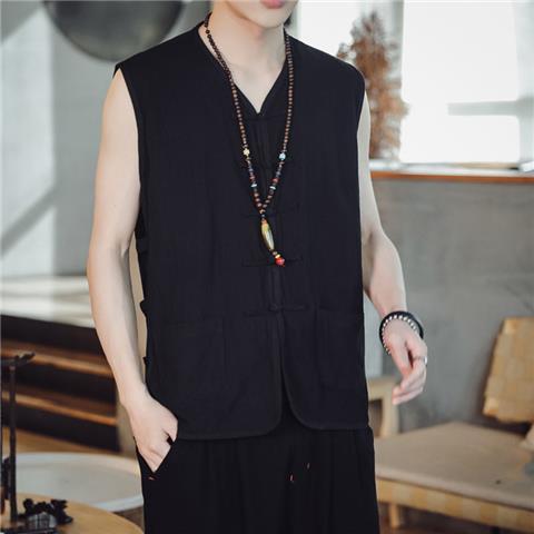 Verano estilo chino Chaleco de los hombres chaleco Lino estilo retro hanfu estilo chino hebilla con cuello en V chaleco algodón Lino Tang traje hombres image 2