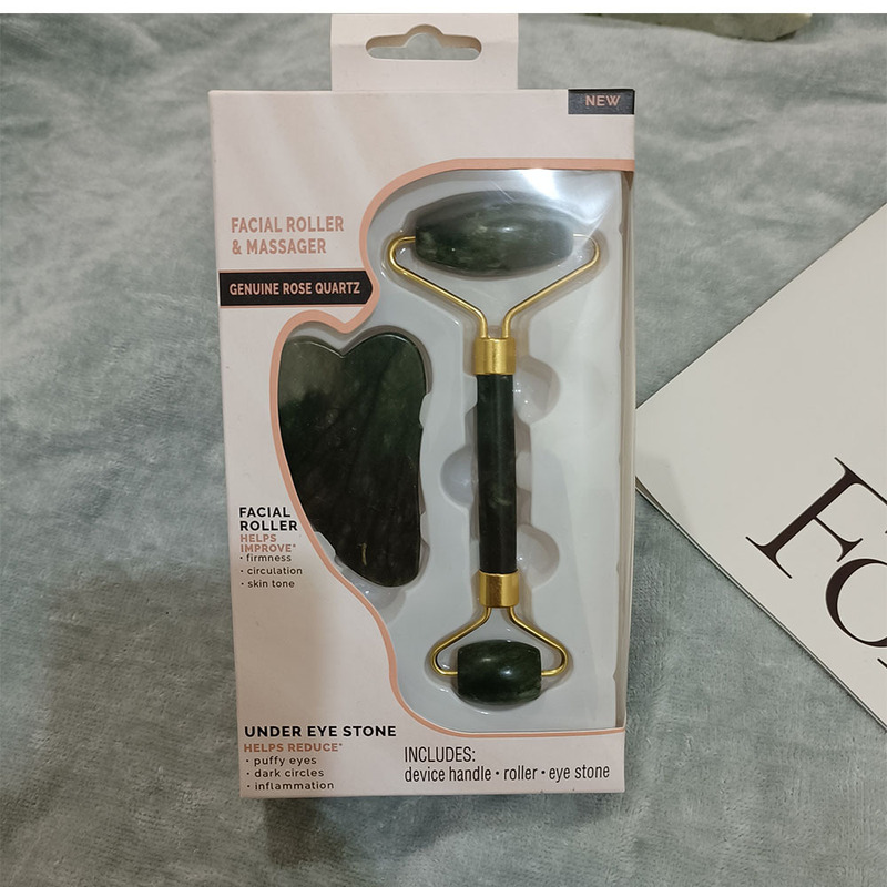 Jade Roller Massager, Natural Jade Roller Scraping Board Set, Scraping and Pulling Stick Beauty Instrument, Color Box