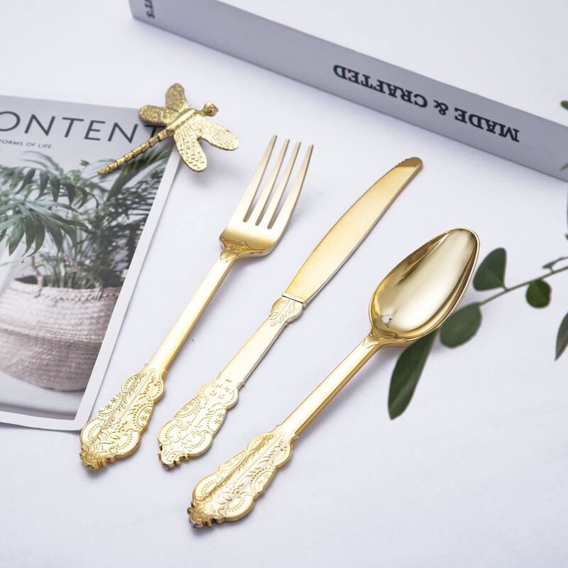 Amazon embossed disposable knife and fork spoon plastic golden napkin suit party catering silver tableware three pieces Amazon embossed disposable knife and fork spoon plastic golden napkin suit party catering silver tableware three pieces